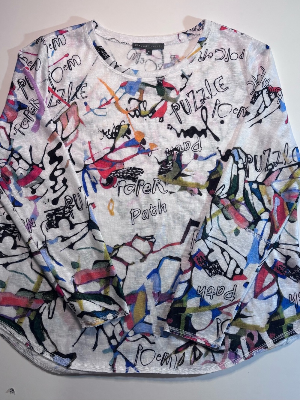 Elliott Lauren White Long-Sleeve Tee with Multicolor Scribble Print